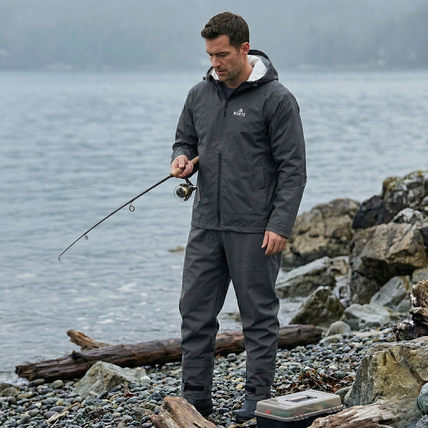 Norte All-Weather Technical Rain Suit in charcoal grey, featuring 0.4 mm PU waterproof fabric and hooded jacket, worn by an angler on a rocky shoreline.