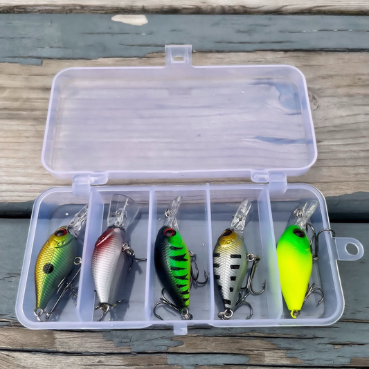 Norte Apex Pro 5-Piece Crankbait Lure Set organized in a clear tackle box, featuring multi-color patterns for Bass and Walleye.