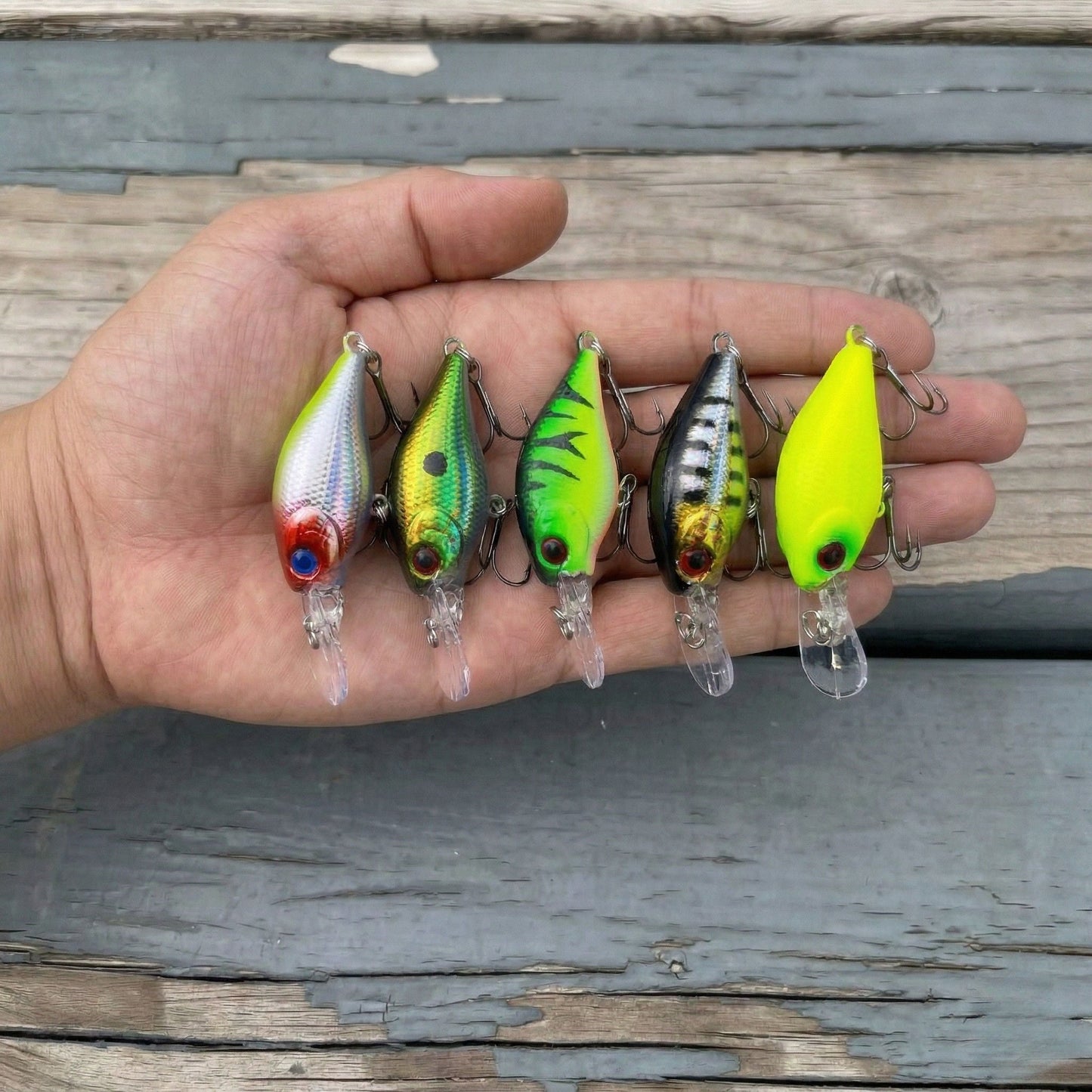 Norte Apex Pro Crankbaits shown in hand for size reference, highlighting the realistic 3D eyes and various multi-species color patterns.