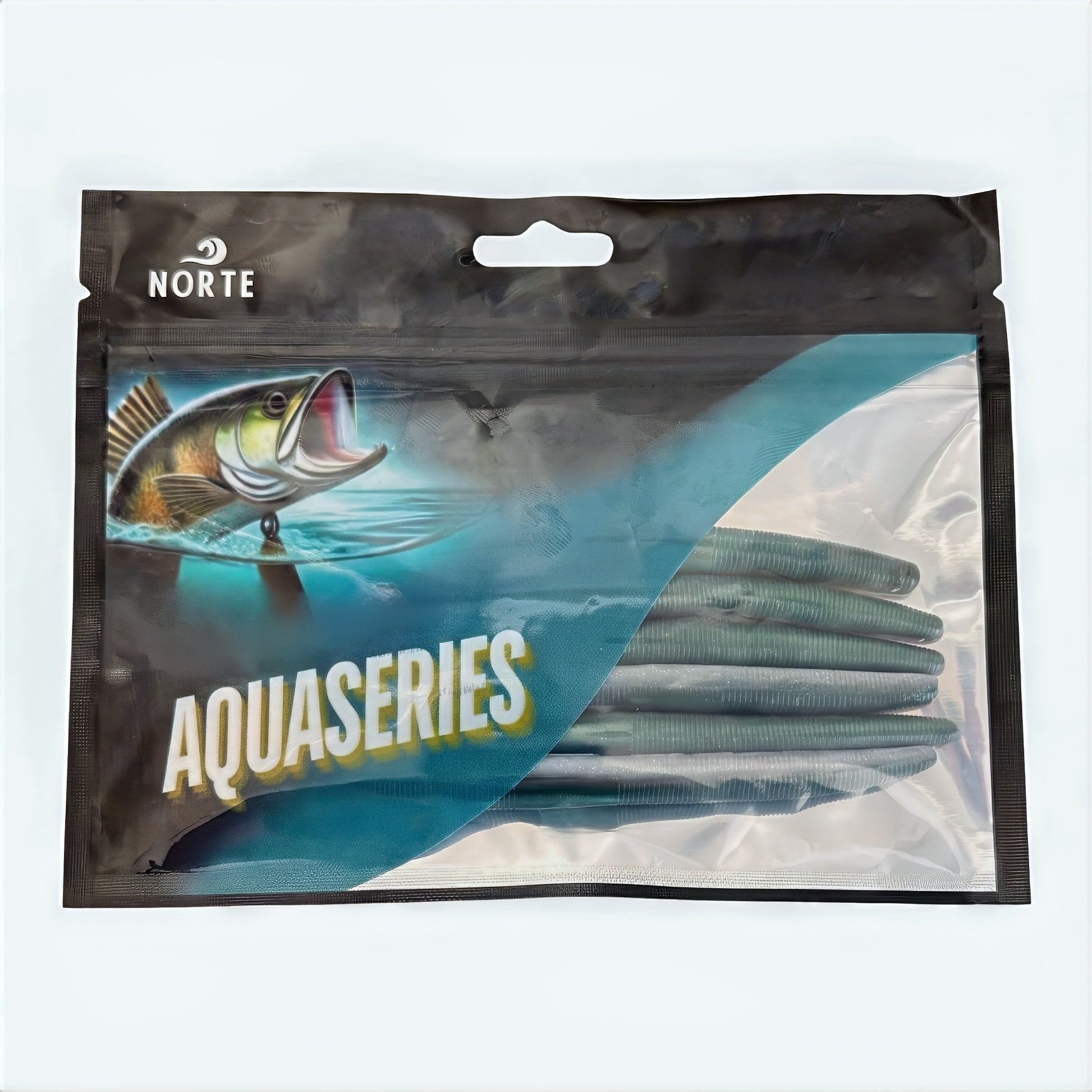 Norte AquaSeries retail packaging for soft plastic stick baits featuring a jumping bass graphic.