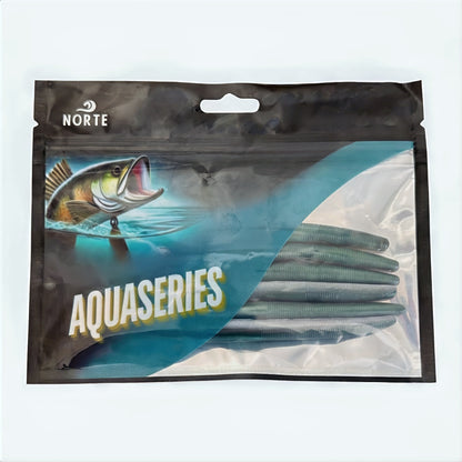 Norte AquaSeries retail packaging for soft plastic stick baits featuring a jumping bass graphic.