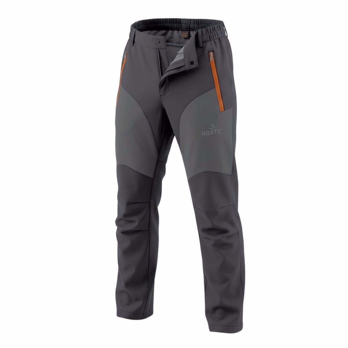 Front studio view of Norte Outdoors Ascent V4.0 men's dark grey waterproof hiking pants on a white background, featuring orange zipper details and contrasting knee patches.