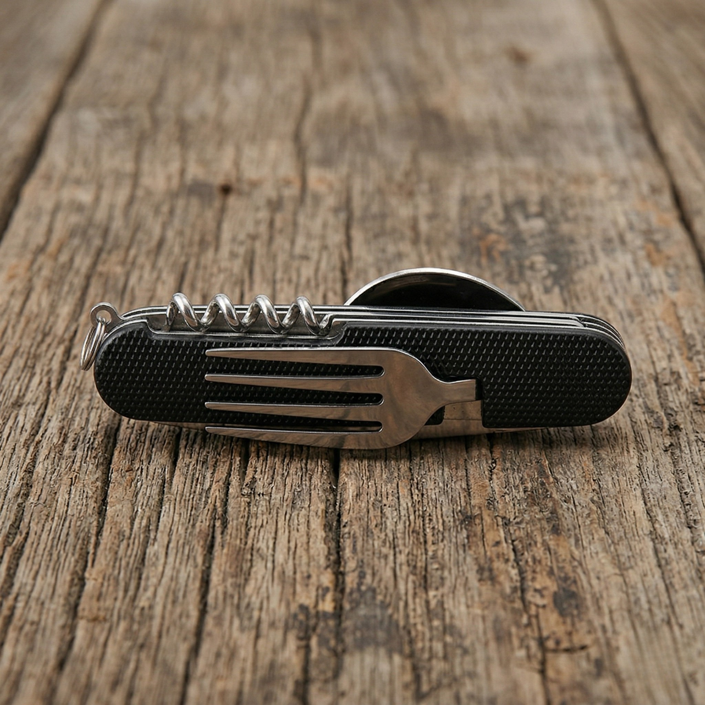 Close-up of a black 6-in-1 detachable camping multi-tool showing the integrated stainless steel fork on a rustic wooden table