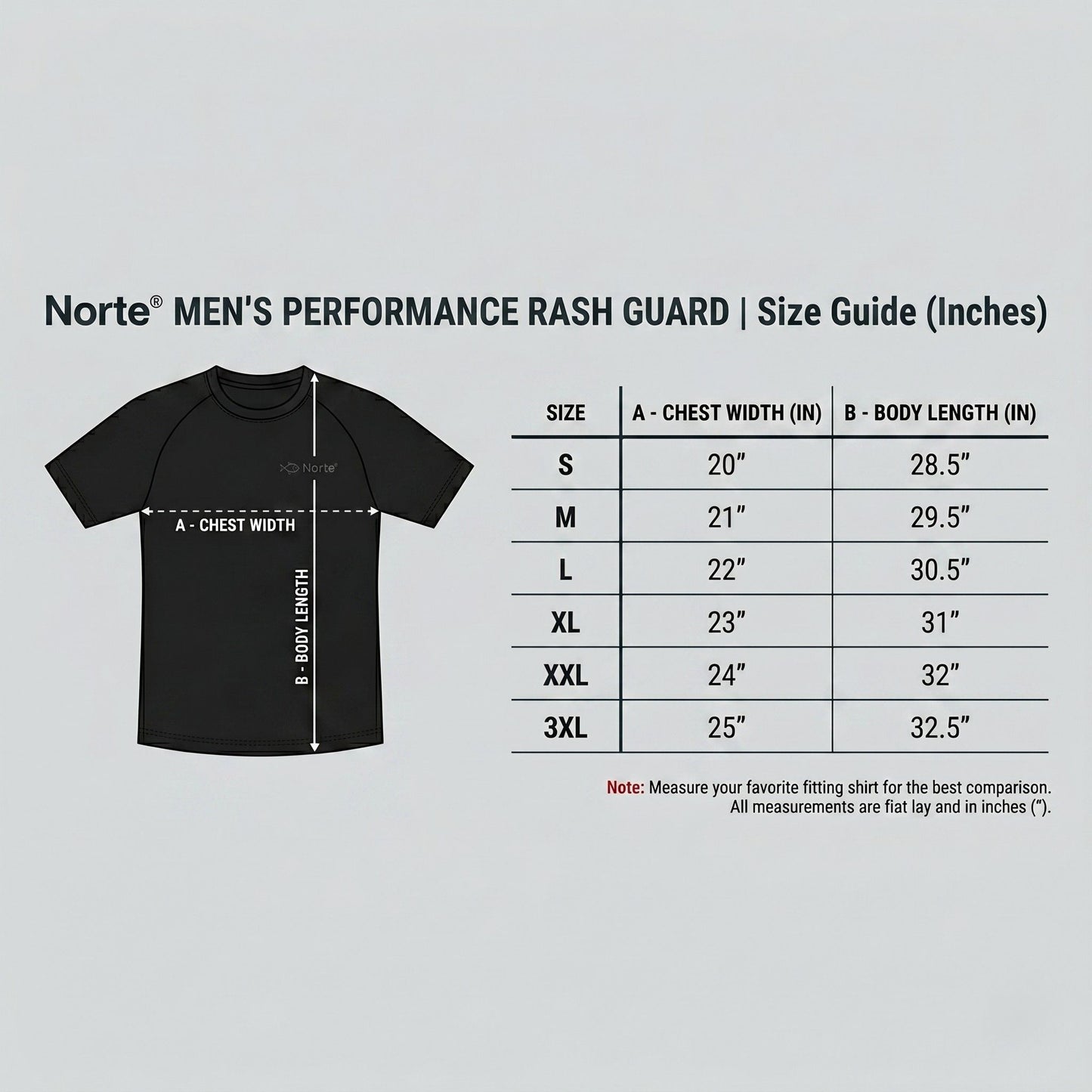 Norte Blue Performance Rash Guard technical size guide in inches for Men's sizes S to XXL.