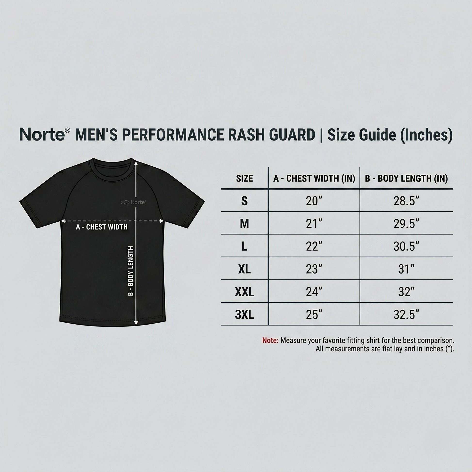 Norte Blue Performance Rash Guard technical size guide in inches for Men's sizes S to XXL.