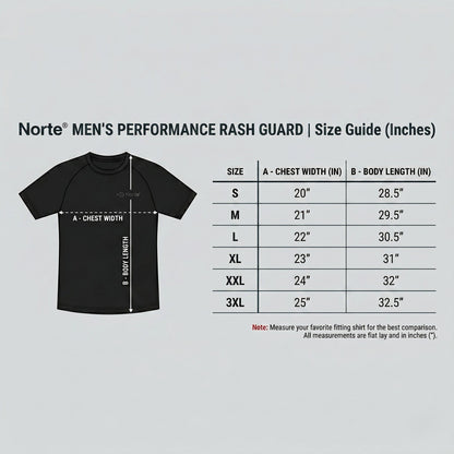 Norte Blue Performance Rash Guard technical size guide in inches for Men's sizes S to XXL.