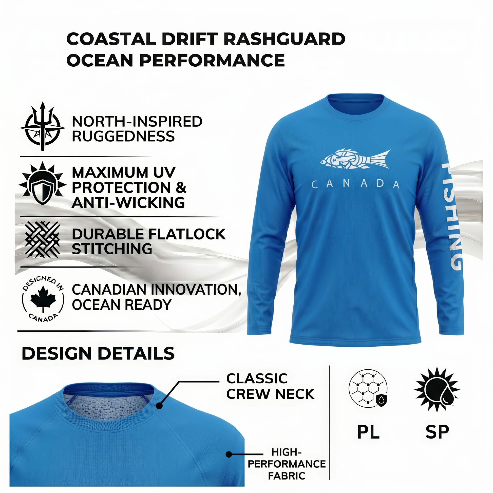 Norte Canada Coastal Drift Rashguard in blue, highlighting ocean performance features like UV protection, anti-wicking fabric, and durable flatlock stitching.