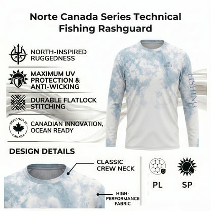 Norte Canada Series Technical Fishing Rashguard featuring UV protection, anti-wicking fabric, and durable flatlock stitching with a blue and white camo design