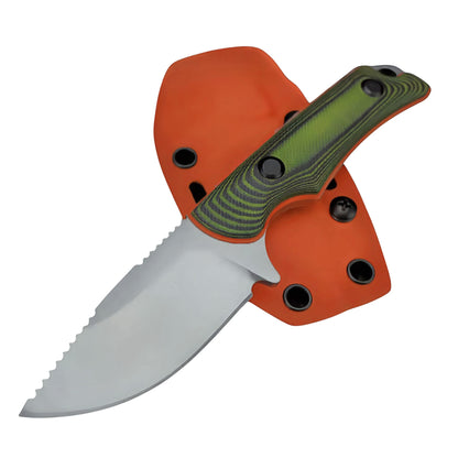 Norte Field & Camp Fixed Blade knife featuring a full-tang stainless steel drop-point blade, Forest Moss G10 composite handle, and a custom Blaze Orange Kydex sheath.