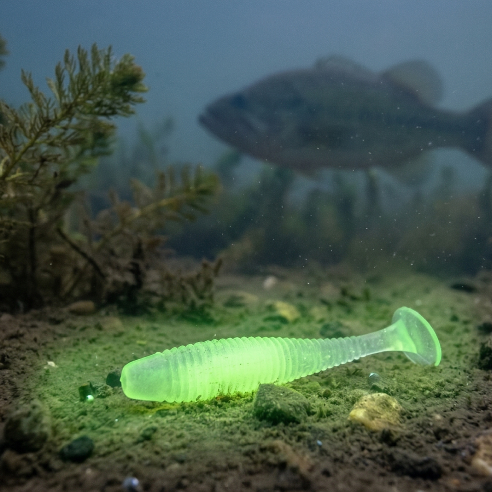 Norte 1.77 inch glow chartreuse paddle tail swimbait on lake bottom with bass in background