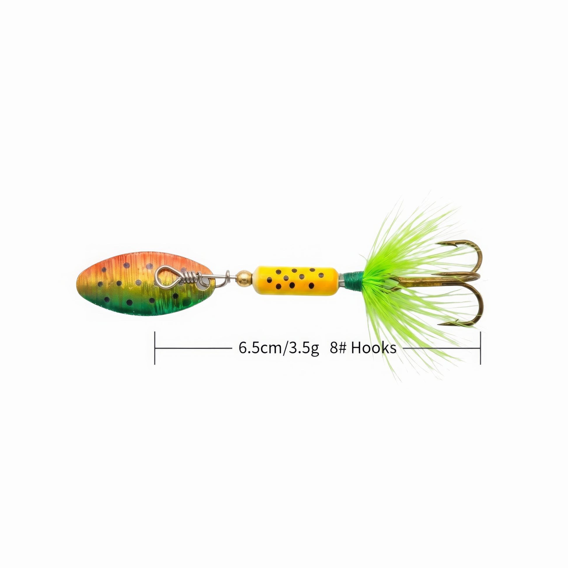 Inline spinner fishing lure with a green and orange spotted blade, yellow body, and chartreuse feathered treble hook, showing dimensions of 6.5cm, 3.5g weight, and size 8 hooks.