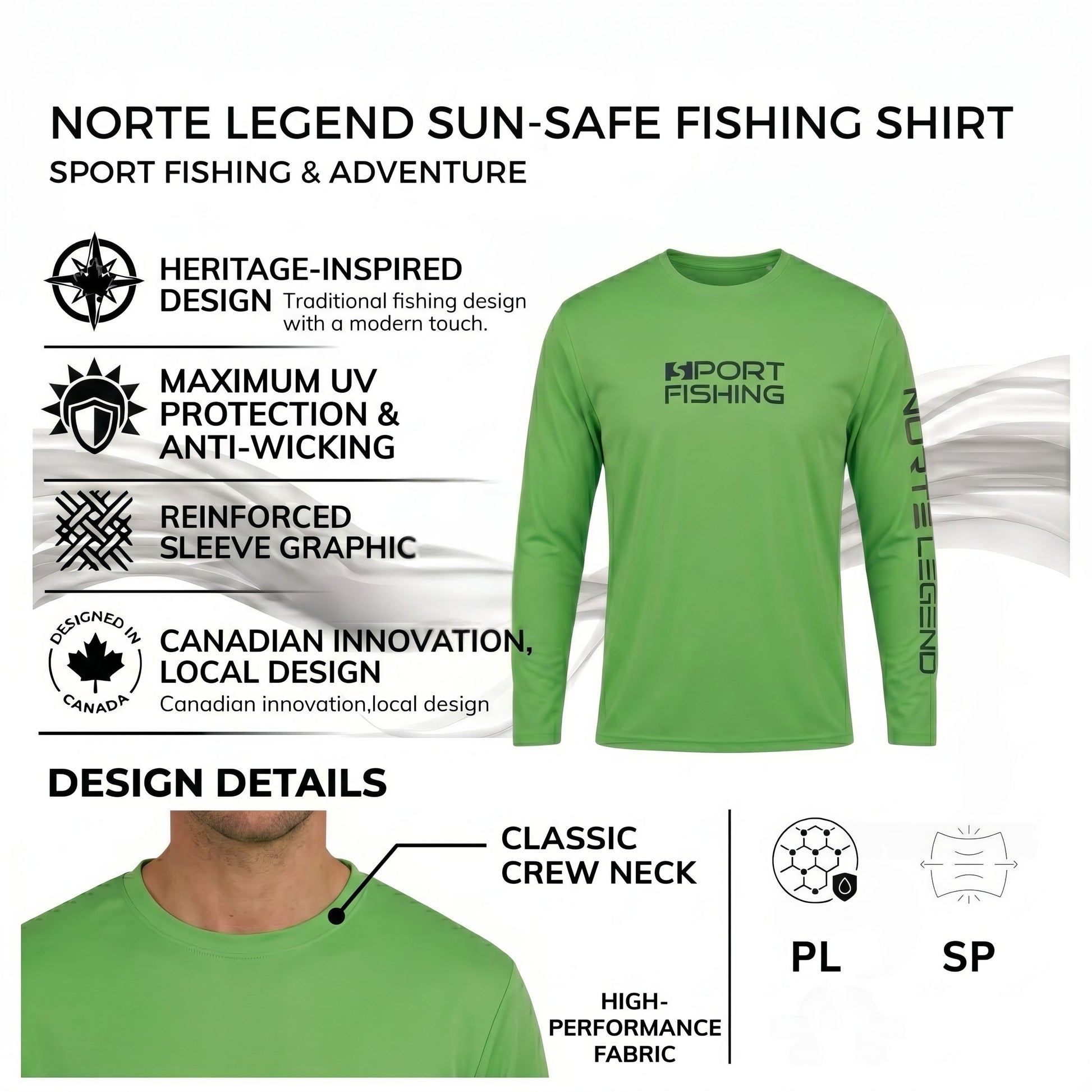 Men's green long-sleeve Norte Legend fishing shirt with UV protection, anti-wicking fabric, and reinforced sleeve graphic.