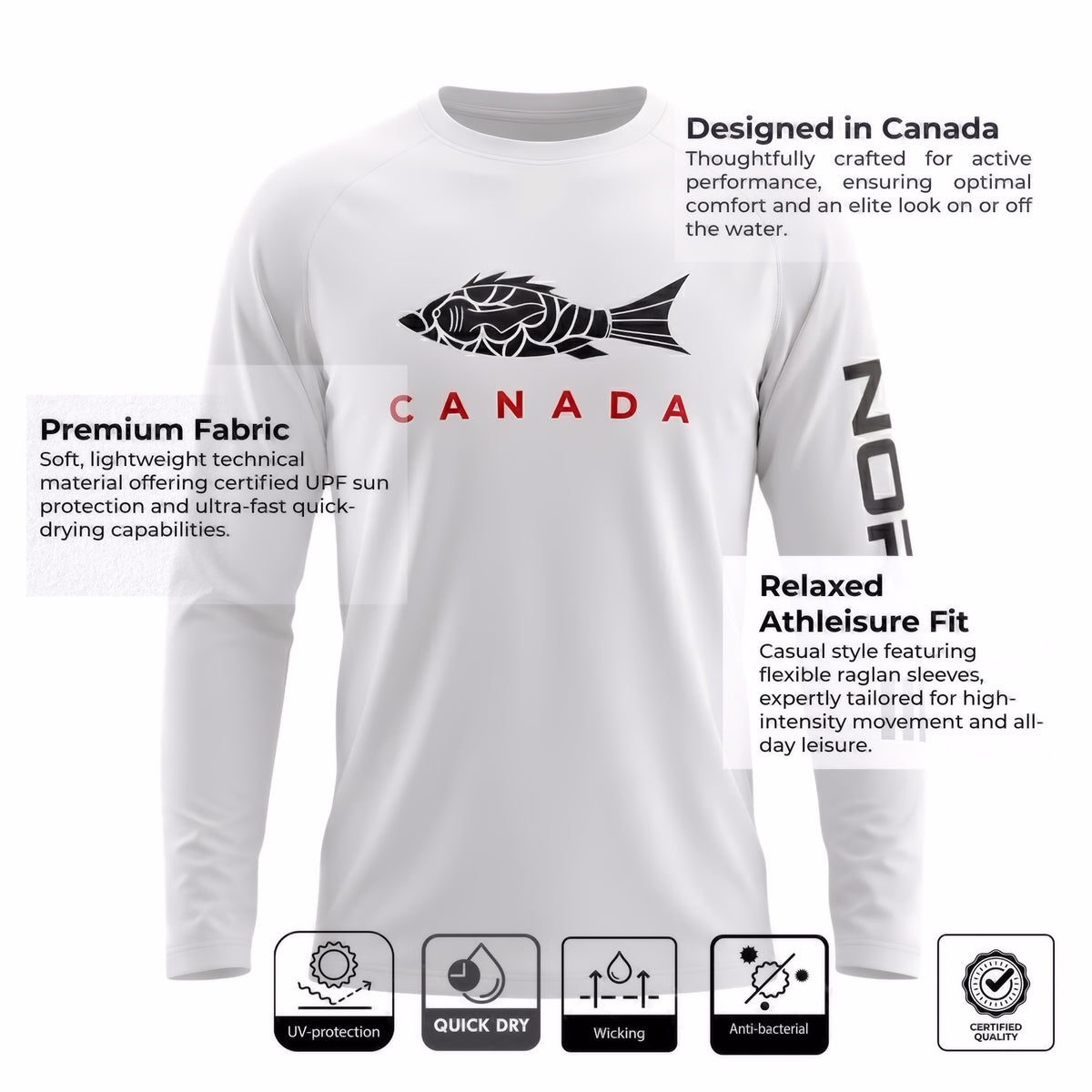 Norte Legend white Canada performance rash guard infographic detailing UPF sun protection and quick dry raglan fit.