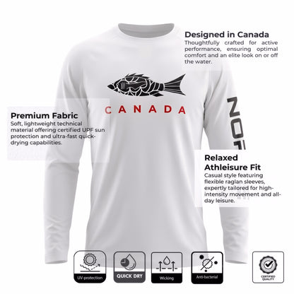 Norte Legend white Canada performance rash guard infographic detailing UPF sun protection and quick dry raglan fit.