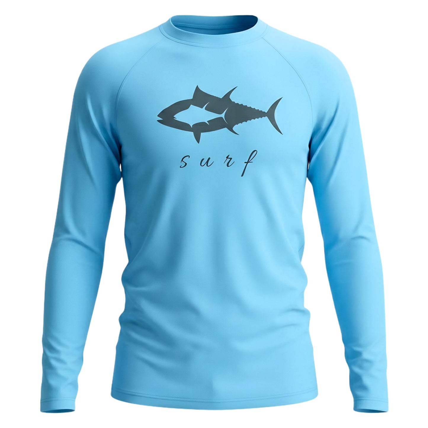 Norte Men’s Sun-Safe Long Sleeve Fishing Shirt in Sky Blue with tuna fish graphic and surf text.
