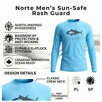 Norte Men's Sun-Safe Rash Guard in sky blue featuring UV protection, anti-wicking fabric, and durable flatlock stitching.