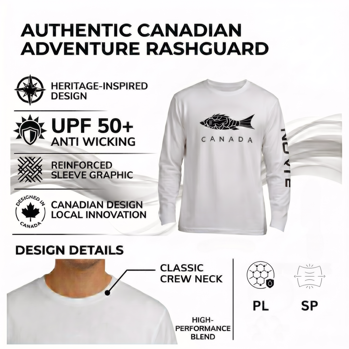 Norte Mens Authentic Canadian Adventure Rashguard technical infographic. Features include UPF 50+ sun protection, anti-wicking performance blend, reinforced sleeve graphics, and classic crew neck design.
