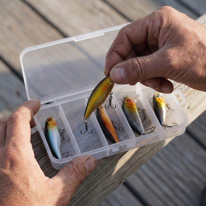 Norte Northcurrent lures in a clear tackle box showing size reference and multi-color patterns.