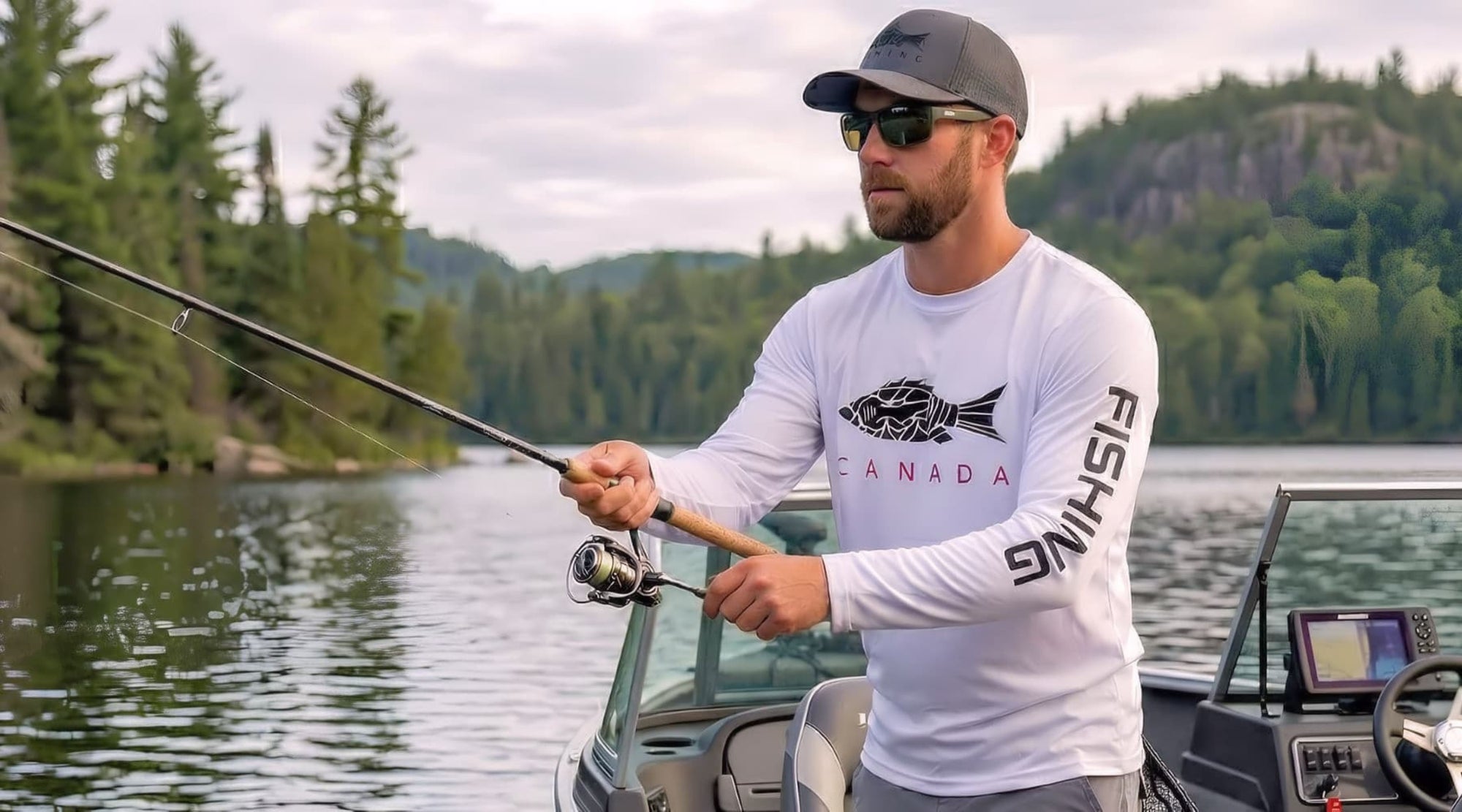 Norte Outdoors long sleeve UPF 50+ sun protection fishing shirt for men on a boat in Canada