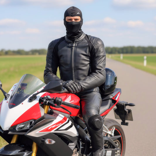 Norte Performance Balaclava in Black worn by a motorcyclist on a sportbike, highlighting the slim-fit design for under-helmet comfort and breathable mesh face shield.