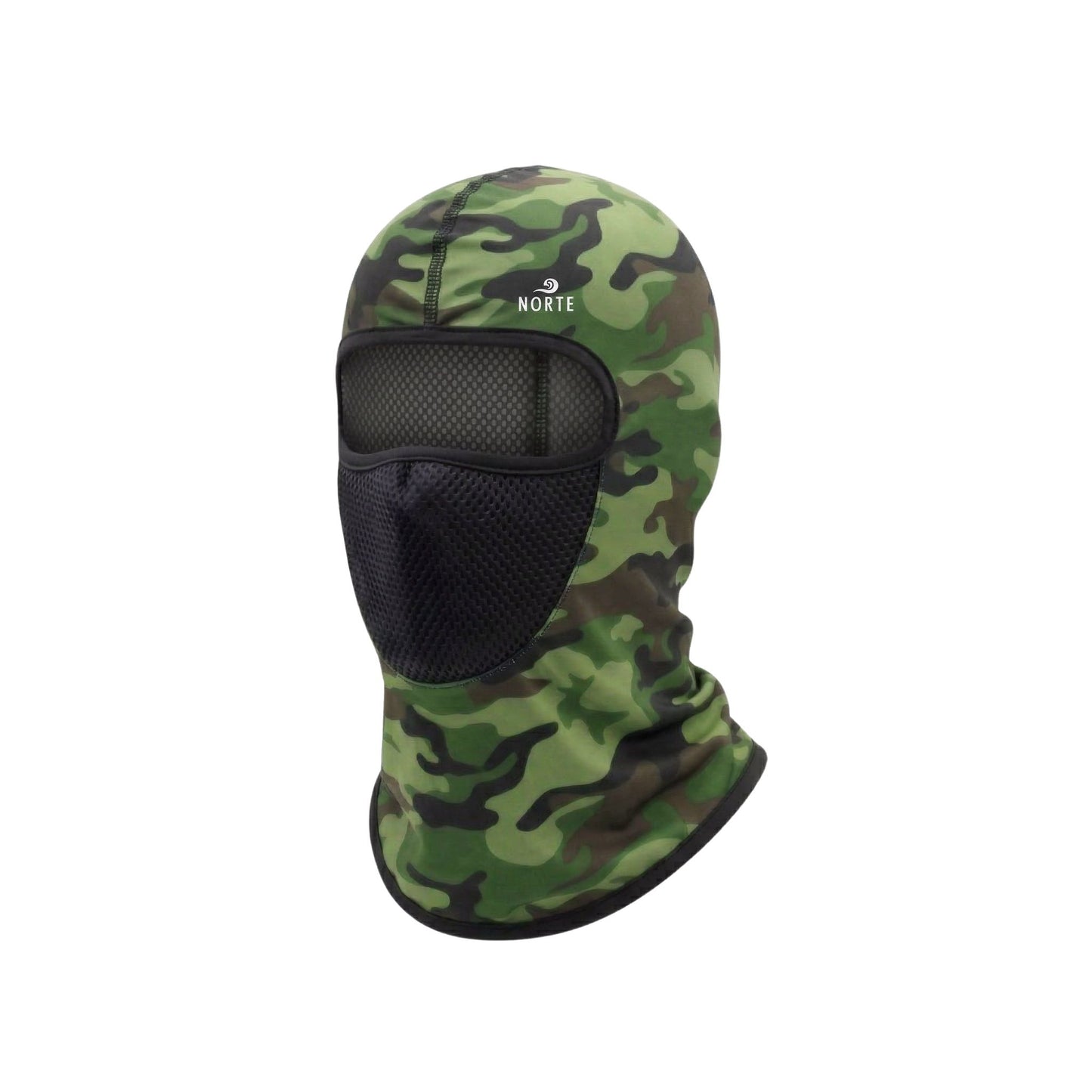 Norte Performance Balaclava in Forest Camo with breathable black mesh face protection, moisture-wicking sun shielding, and a tactical finish for outdoor use .