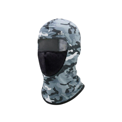Norte Performance Balaclava in Ice Camo with breathable black mesh face protection, moisture-wicking sun shielding, and a tactical winter camouflage finish .