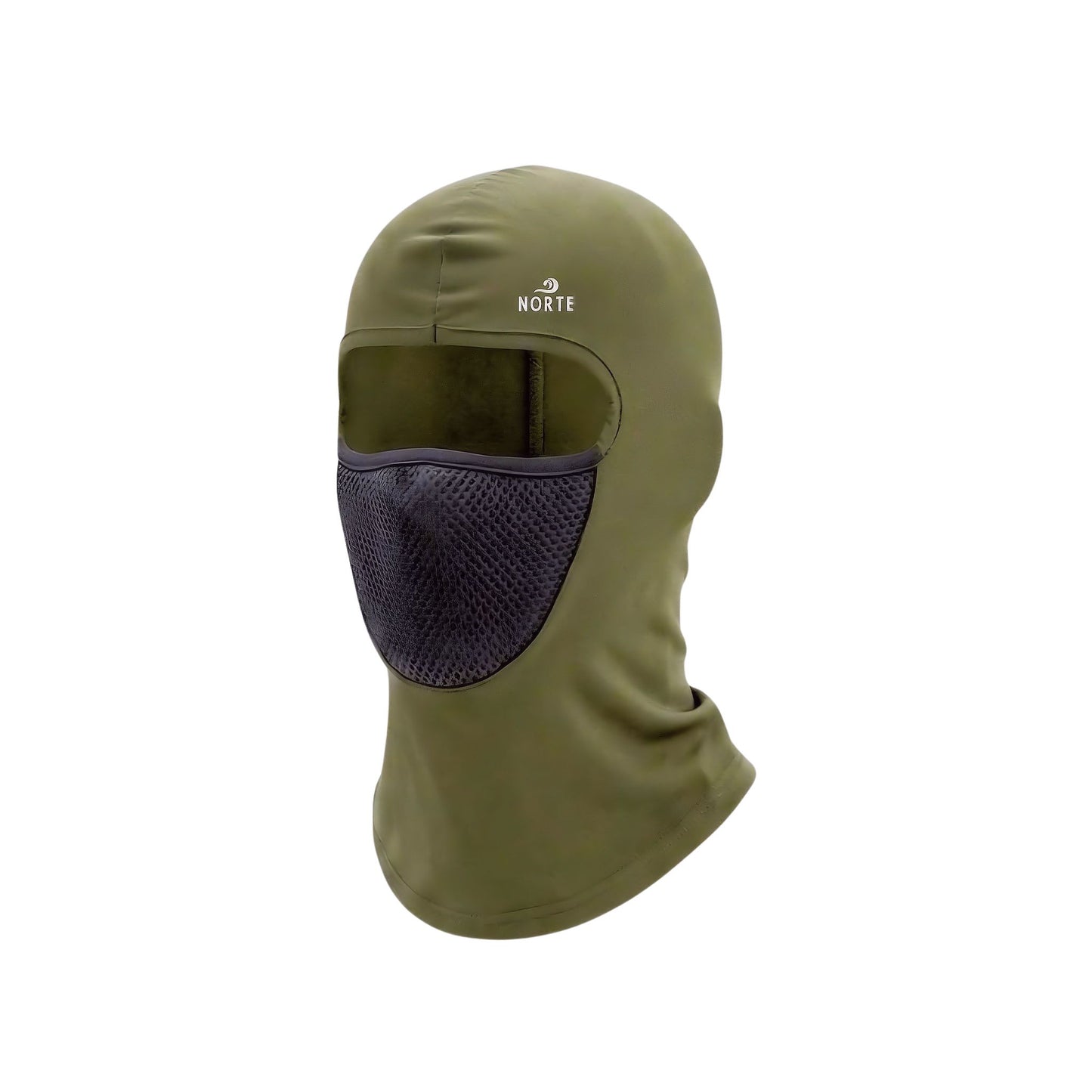 Norte Performance Balaclava in Tactical Olive with breathable black mesh face shield, moisture-wicking fabric, and full sun protection for fishing and hiking.