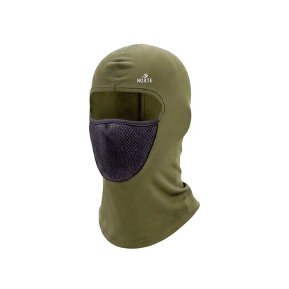 Norte Performance Balaclava in Tactical Olive with breathable black mesh face shield, moisture-wicking fabric, and full sun protection for fishing and hiking.