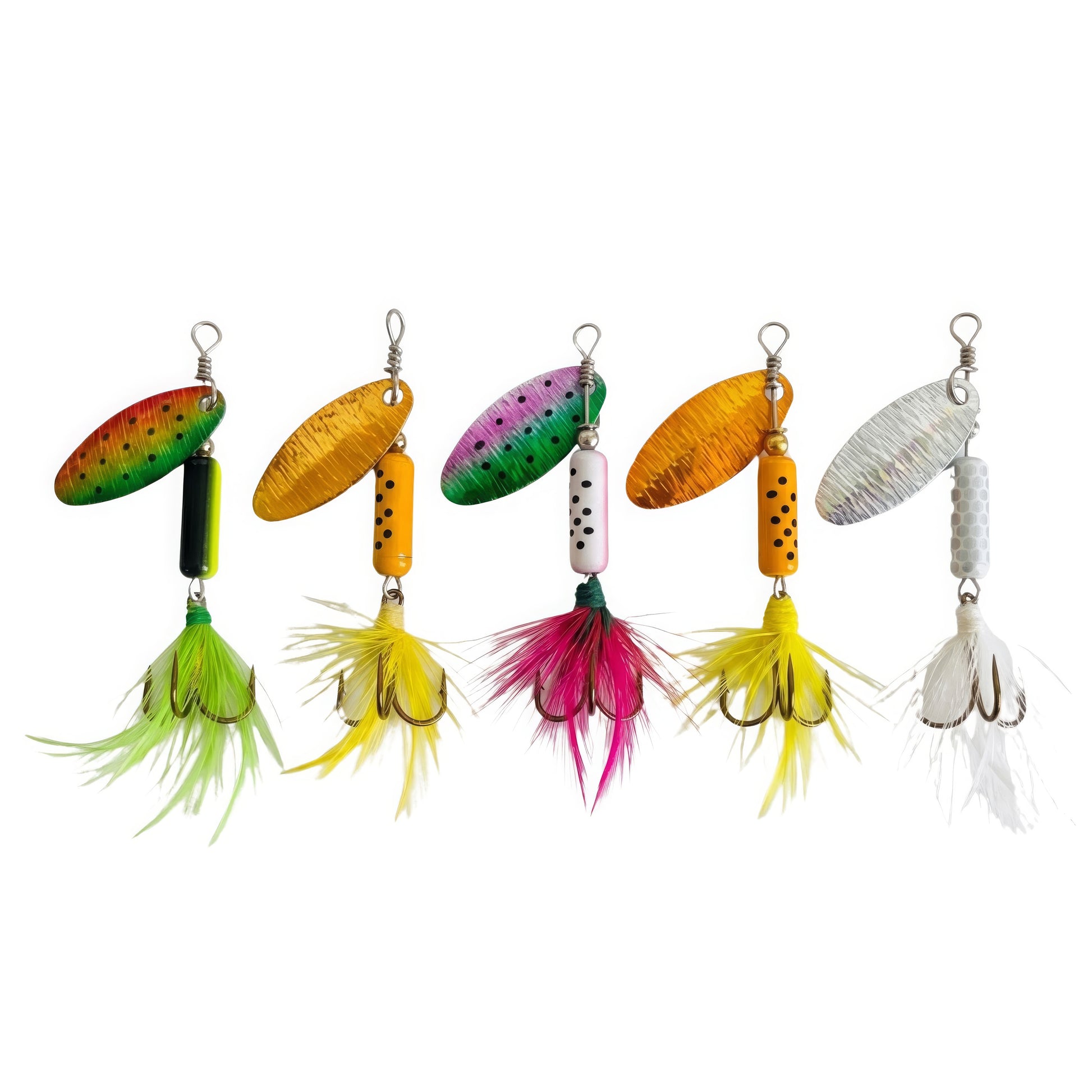 Norte Precision Series 3.5g technical inline spinners with feathered treble hooks in five multi-color patterns on a white background.
