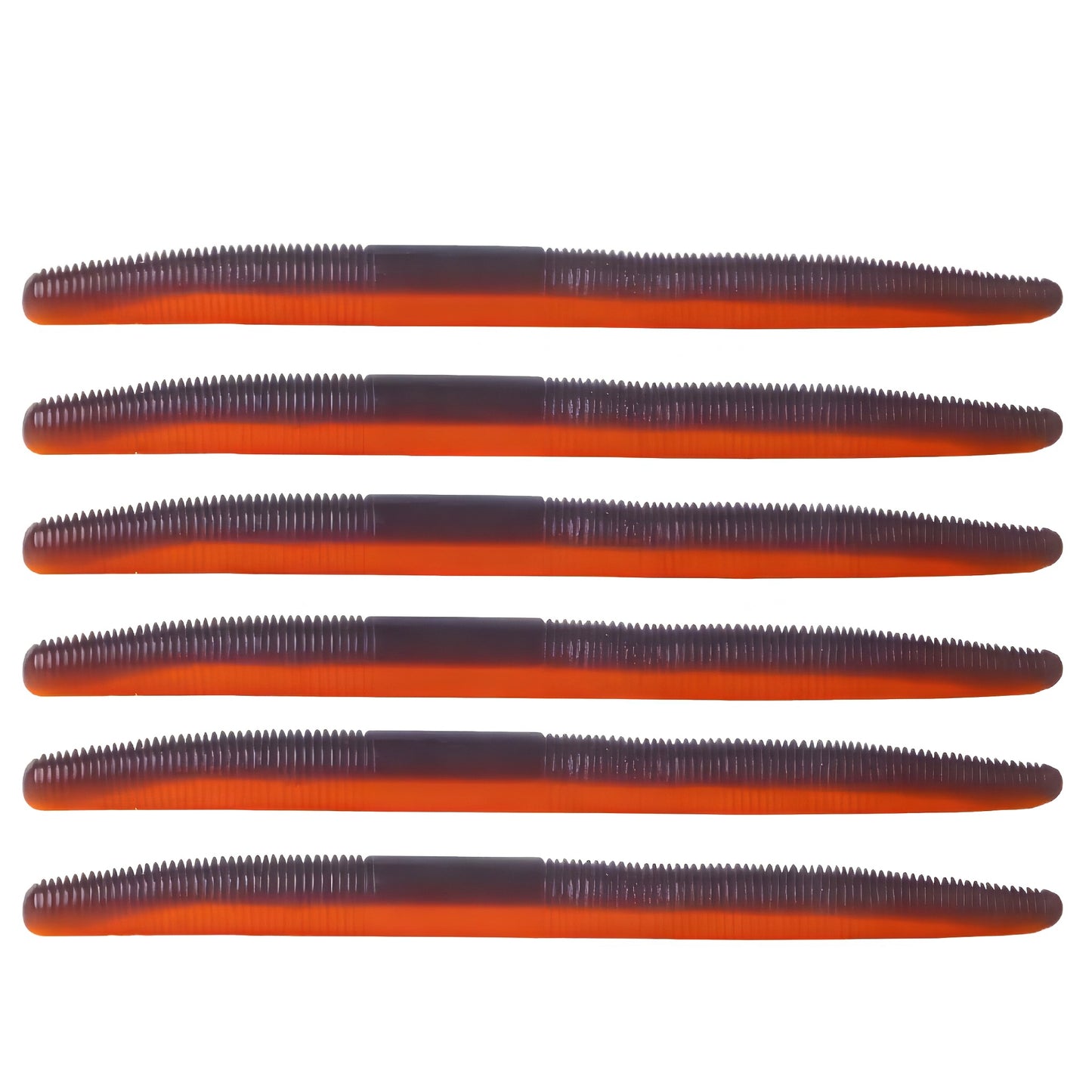 Pack of six soft plastic stick baits in a black and orange laminate color for bass and walleye fishing.