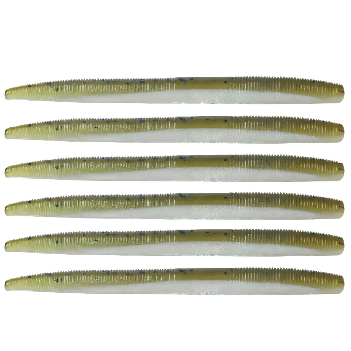 Six soft plastic stick baits in green pumpkin and pearl laminate for bass and walleye fishing.