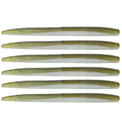 Six soft plastic stick baits in green pumpkin and pearl laminate for bass and walleye fishing.