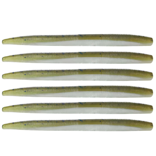 Six soft plastic stick baits in green pumpkin and pearl laminate for bass and walleye fishing.
