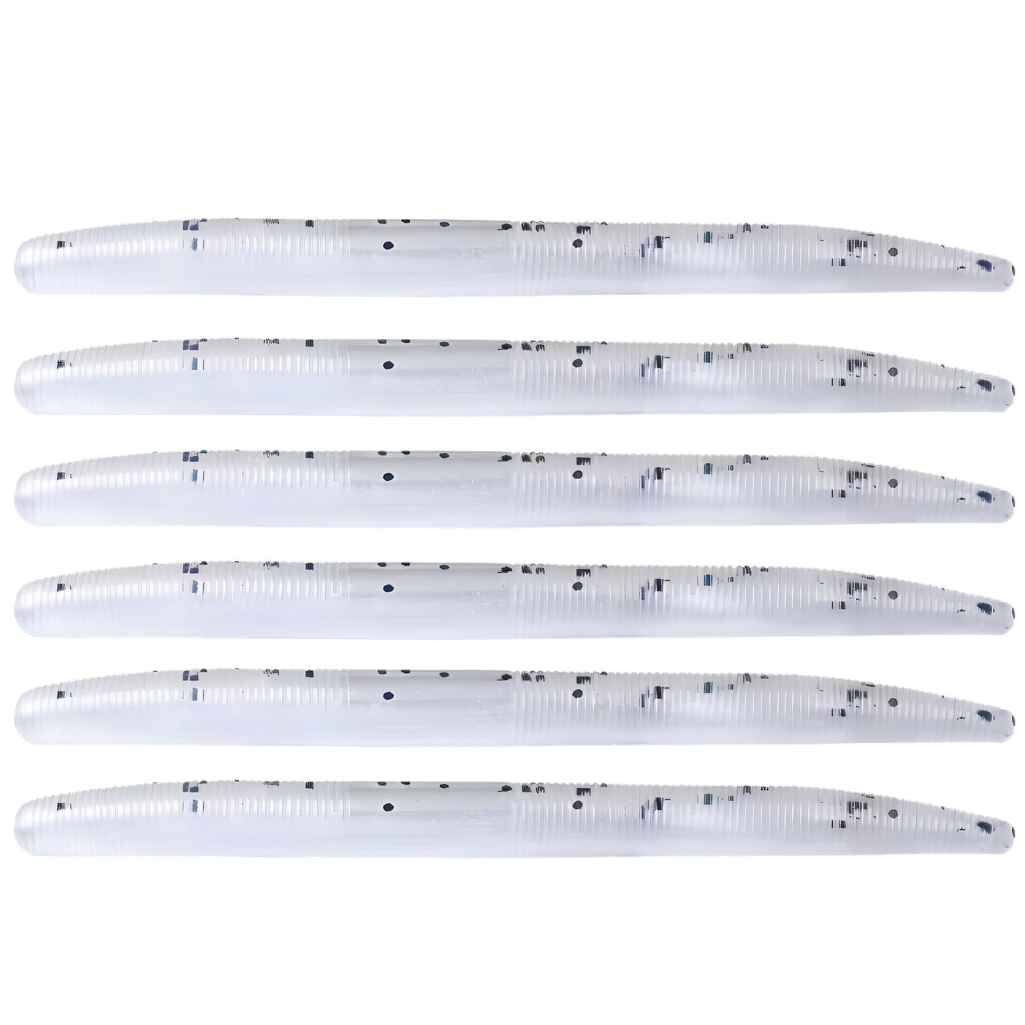 Pack of six soft plastic stick baits in White Pearl with Silver Flake for bass and walleye fishing.