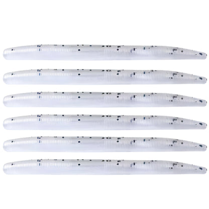 Pack of six soft plastic stick baits in White Pearl with Silver Flake for bass and walleye fishing.