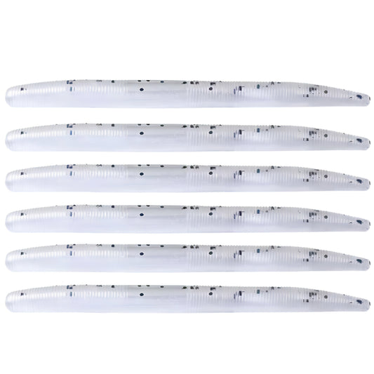 Pack of six soft plastic stick baits in White Pearl with Silver Flake for bass and walleye fishing.