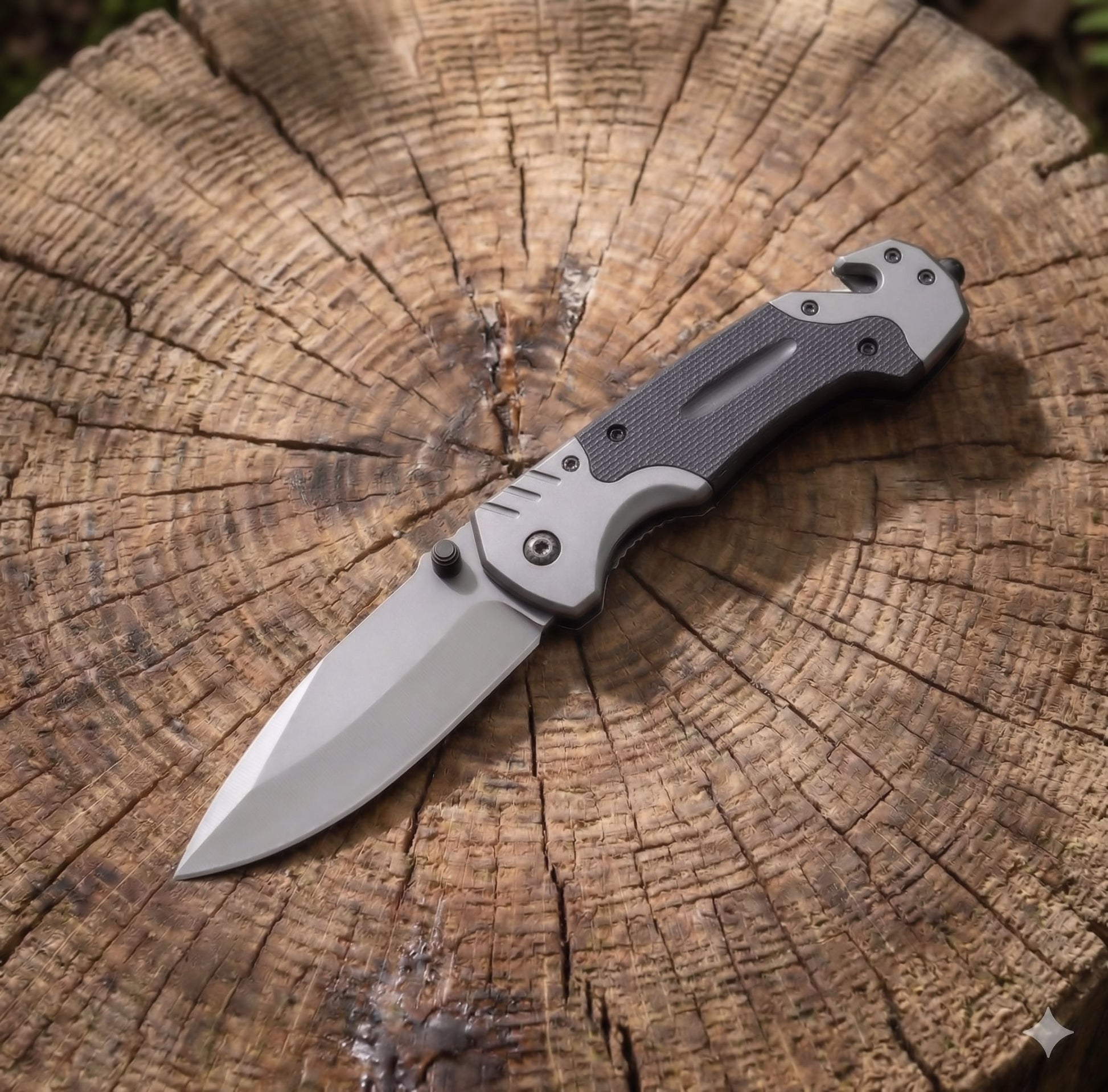 Norte Tactical Folding Knife with titanium-grey blade and textured G10 grip handle, resting on a wooden log to showcase its rugged outdoor survival design.