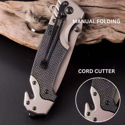 Technical breakdown of the Norte Tactical Folding Knife, highlighting the manual folding mechanism, integrated cord cutter, and heavy-duty pocket clip.