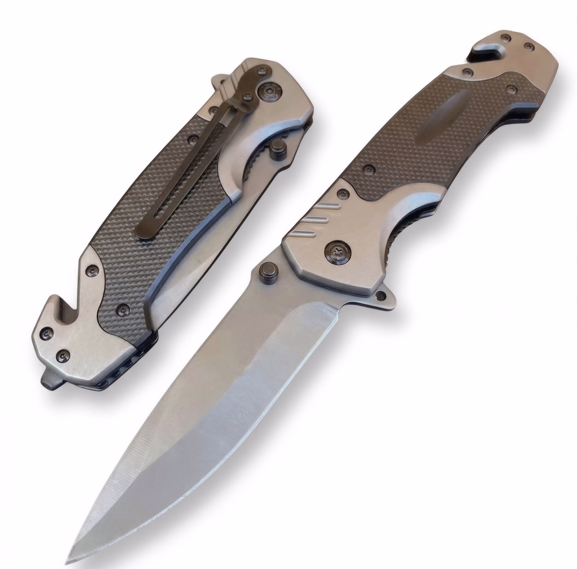 Norte Tactical Folding Knife with high-carbon steel drop-point blade, textured G10 grip handle, integrated seatbelt cutter, and glass breaker for emergency survival.