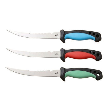 Three Norte Technical Fillet & Boning knives with Sky Blue, Crimson Red, and Forest Green non-slip ergonomic handles and German stainless steel blades.