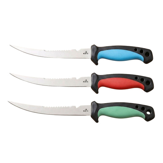 Three Norte Technical Fillet & Boning knives with Sky Blue, Crimson Red, and Forest Green non-slip ergonomic handles and German stainless steel blades.