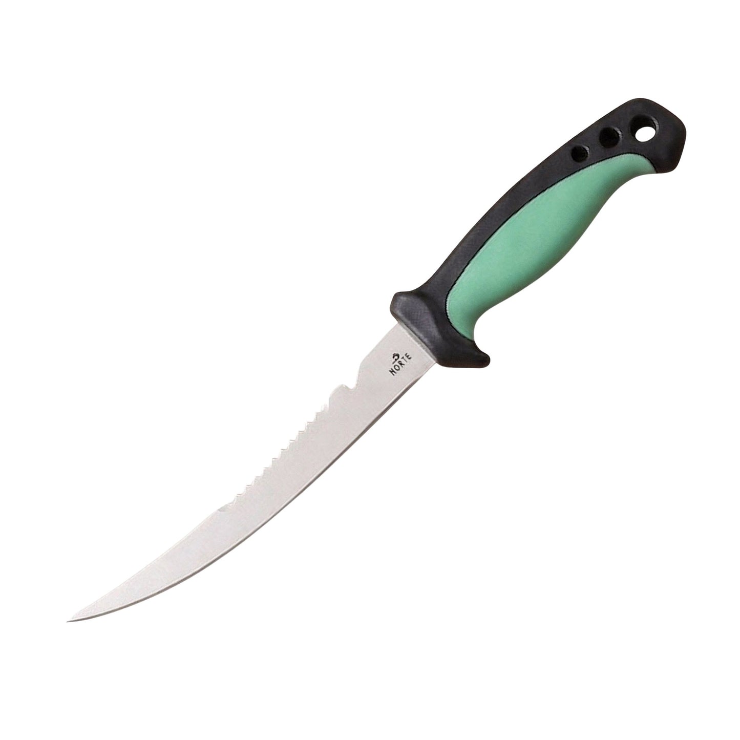 Norte Technical Fillet & Boning knife with a Forest Green non-slip ergonomic handle, German stainless steel blade, and integrated spine scale scraper for efficient fish processing.