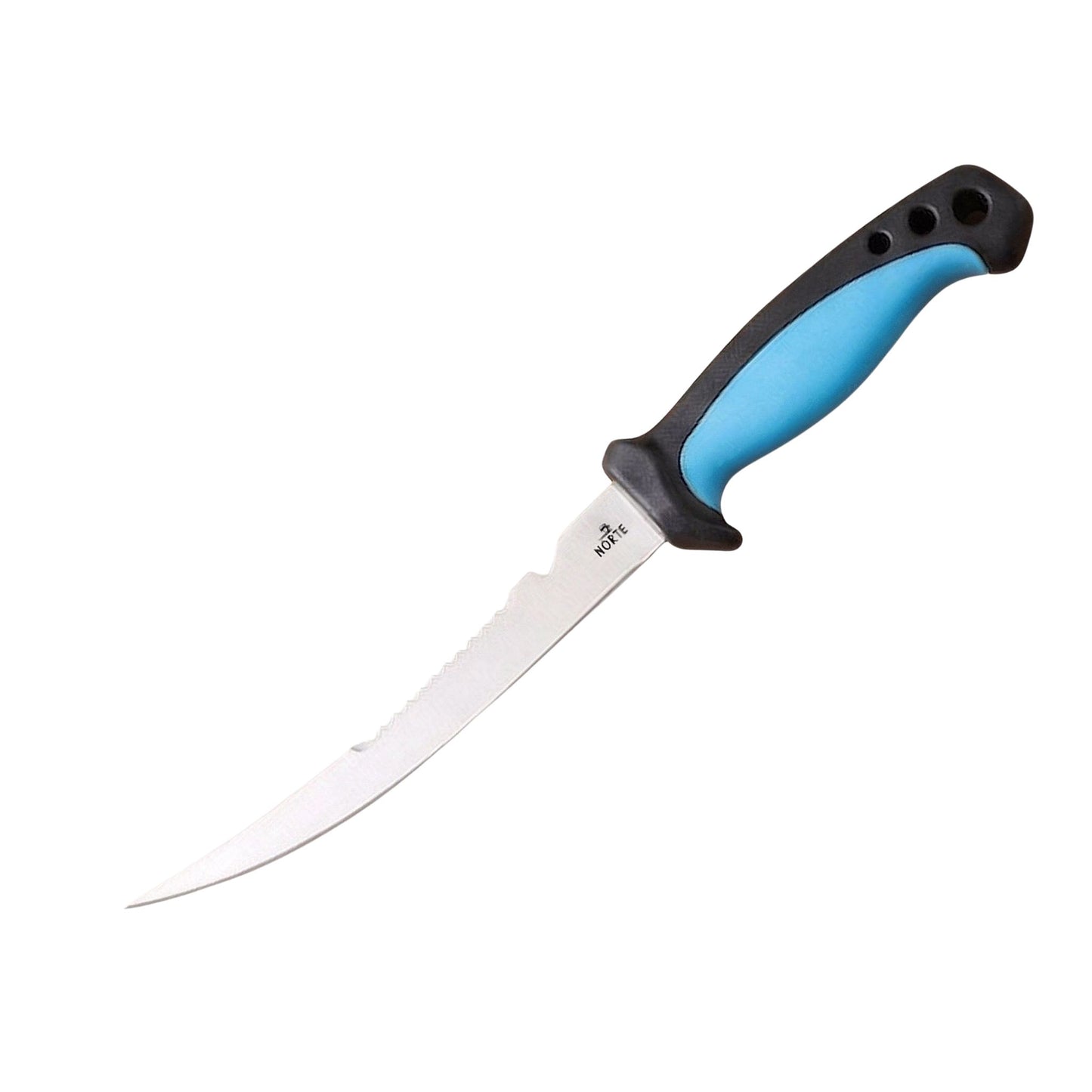 Norte Technical Fillet & Boning knife with a Sky Blue non-slip ergonomic handle, German stainless steel blade, and integrated scale scraper for field processing.
