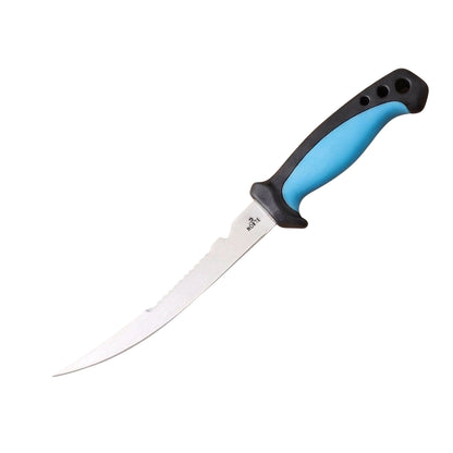Norte Technical Fillet & Boning knife with a Sky Blue non-slip ergonomic handle, German stainless steel blade, and integrated scale scraper for field processing.