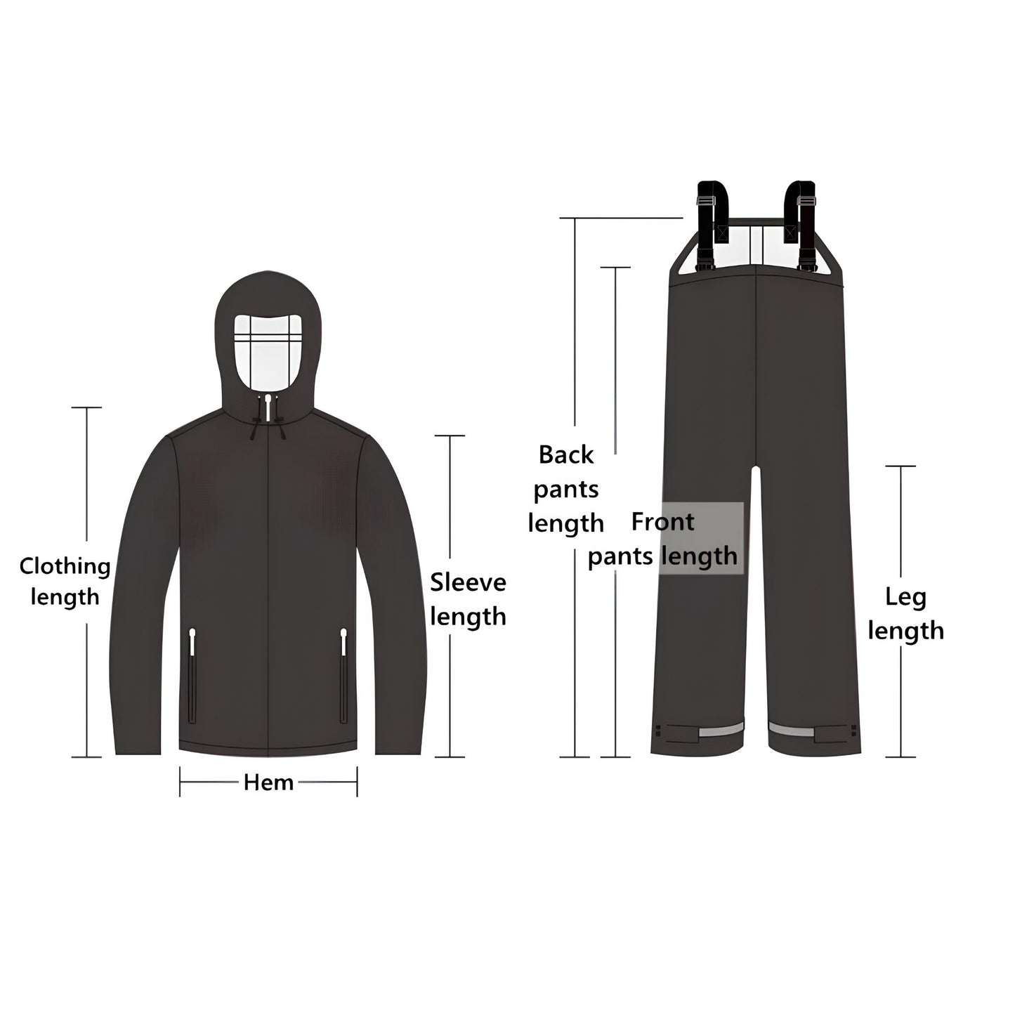 Technical measurement chart for the Norte All-Weather Rain Suit, detailing exact points for clothing length, sleeve length, hem, and bib pant leg length.