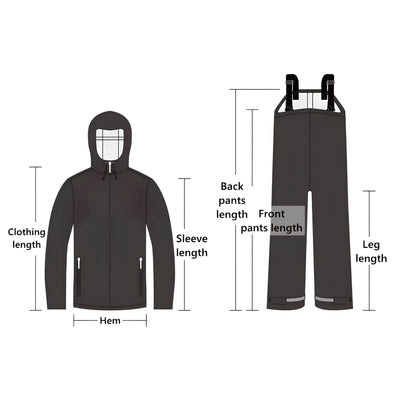 Technical measurement chart for the Norte All-Weather Rain Suit, detailing exact points for clothing length, sleeve length, hem, and bib pant leg length.