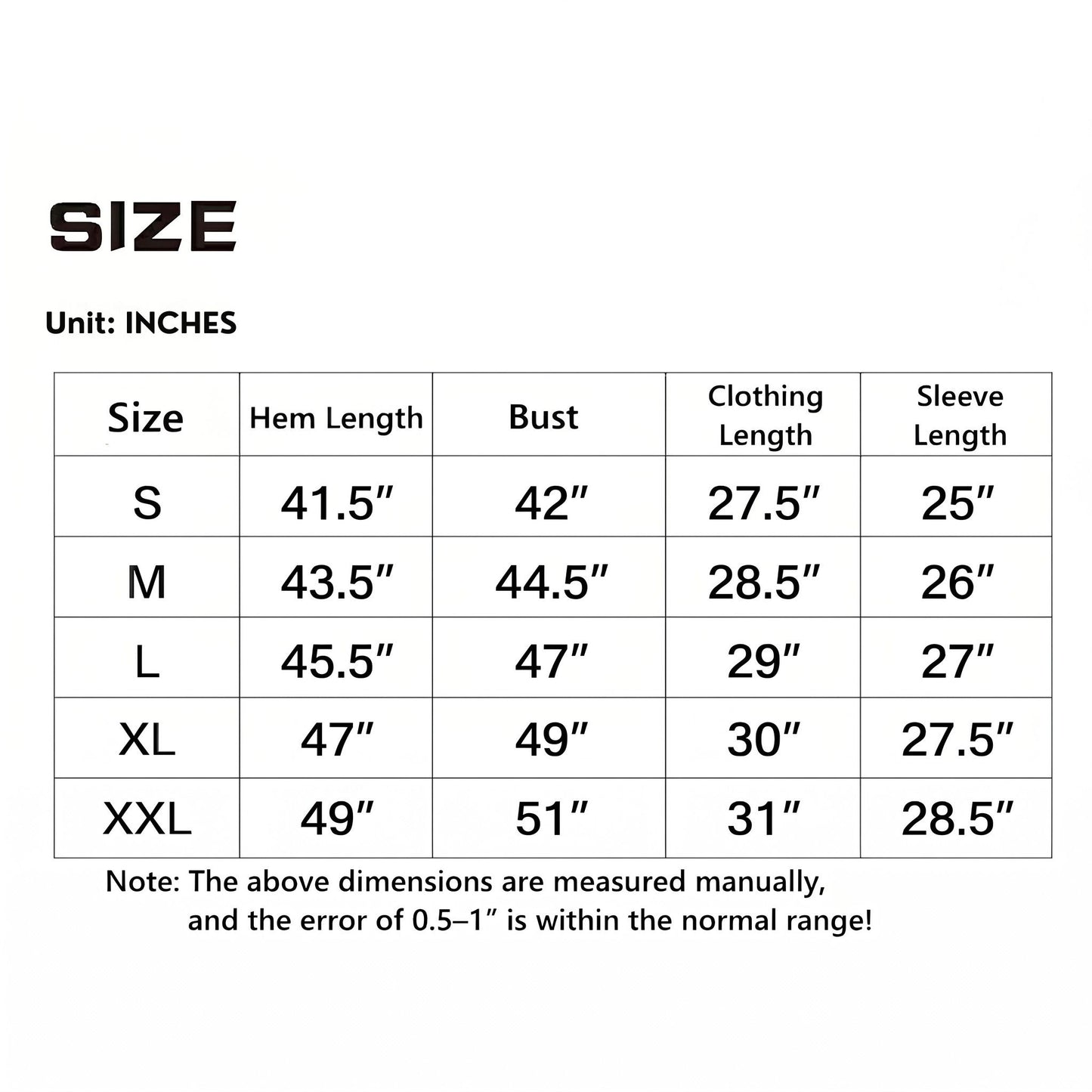 Norte Technical Rain Suit measurement chart in inches, providing S–XXL sizing for Bust, Clothing Length, and Sleeve Length with a verified Imperial footnote.