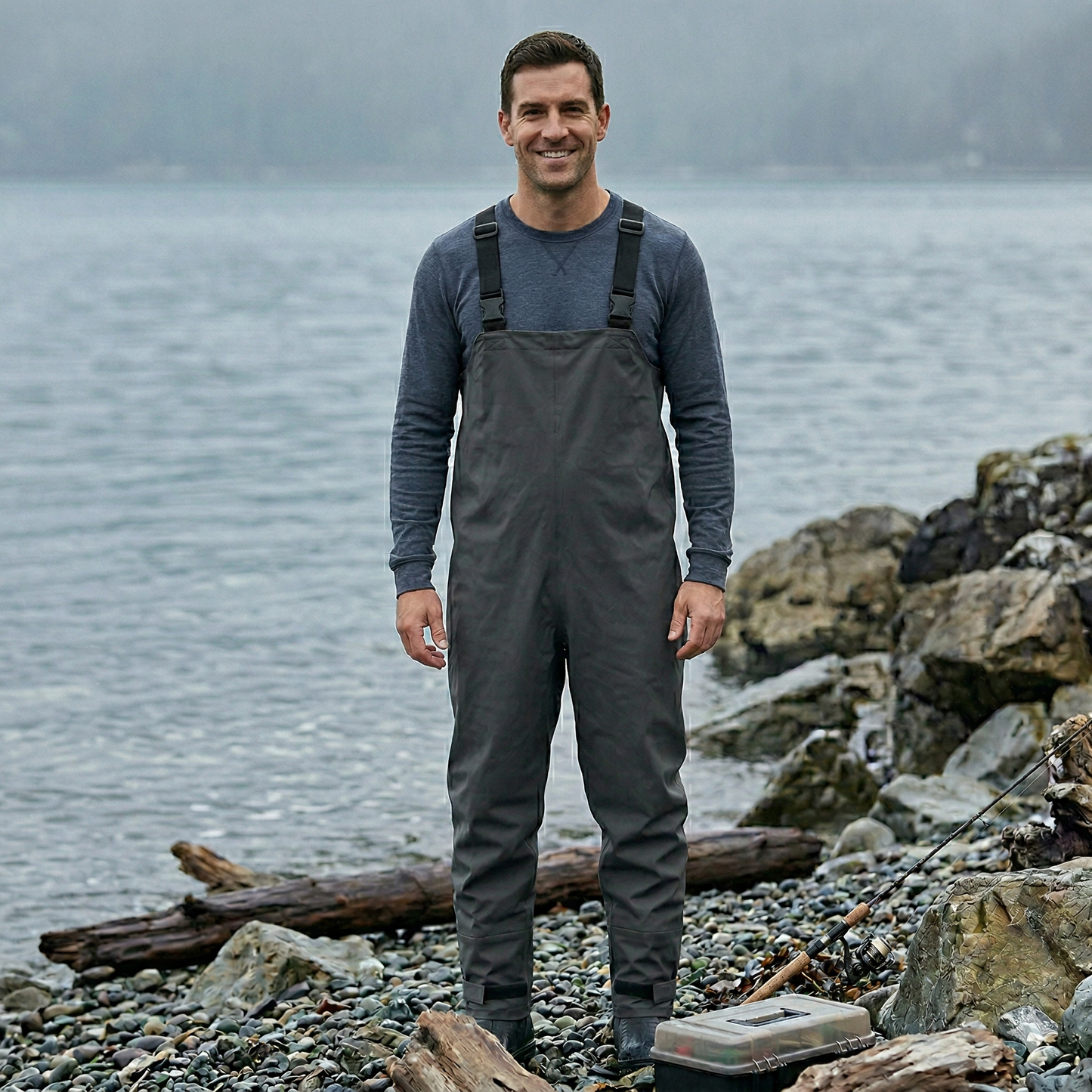 Front view of Norte professional waterproof bib overalls in charcoal grey, showing the high-waist protection and adjustable shoulder straps for technical fishing.