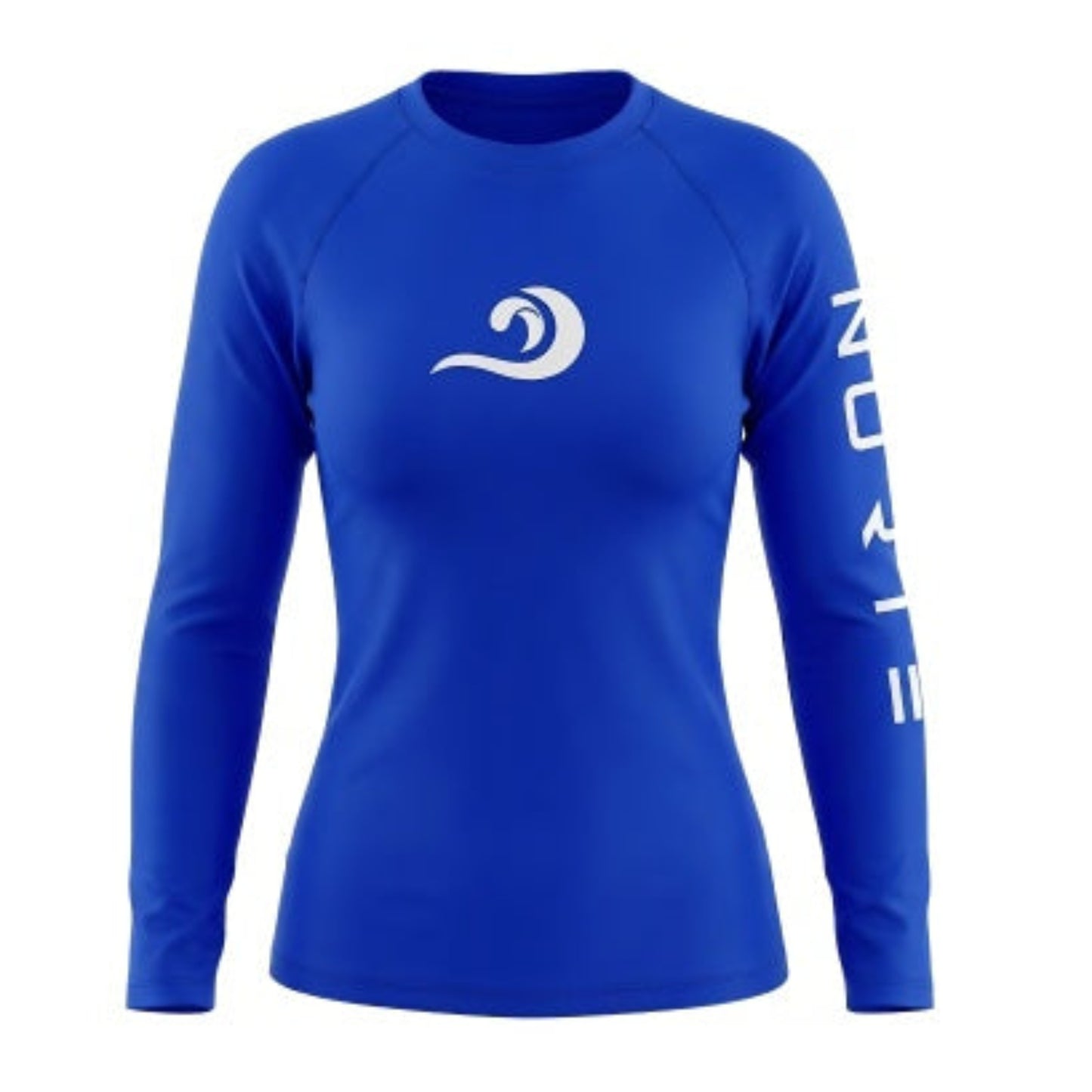 Norte Outdoors women's long-sleeve royal blue rash guard with white wave logo on the chest and NORTE branding down the sleeve.
