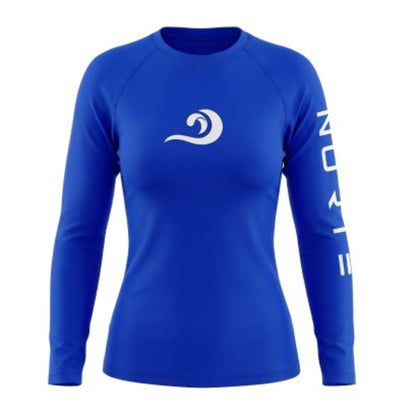 Norte Outdoors women's long-sleeve royal blue rash guard with white wave logo on the chest and NORTE branding down the sleeve.
